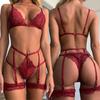 Сексуальное кружевное прозрачное нижнее белье бордового цвета, бюстгальтер, трусики и подвязки, эротические костюмы