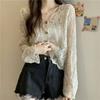 Spring Summer Women's Suit Suspender Vest + V-neck Crochet Openwork Lace Long Sleeve Cardigan Sun Protection Clothing Two-piece Suit
