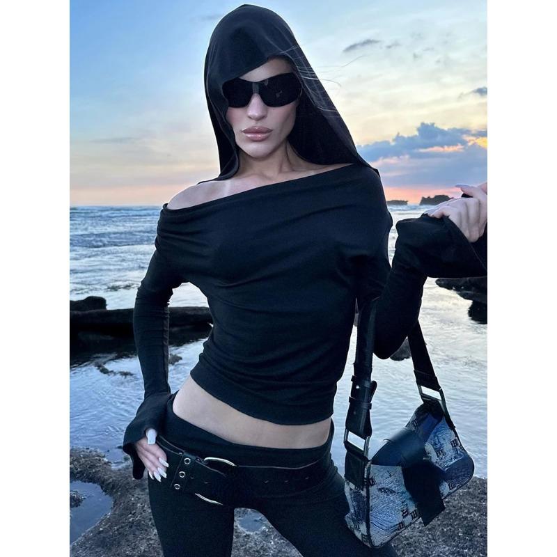 Элегантная модная готическая однотонная укороченная футболка с капюшоном, темные тонкие футболки с разрезом на шее и длинными рукавами, женские футболки 2023, летняя уличная одежда