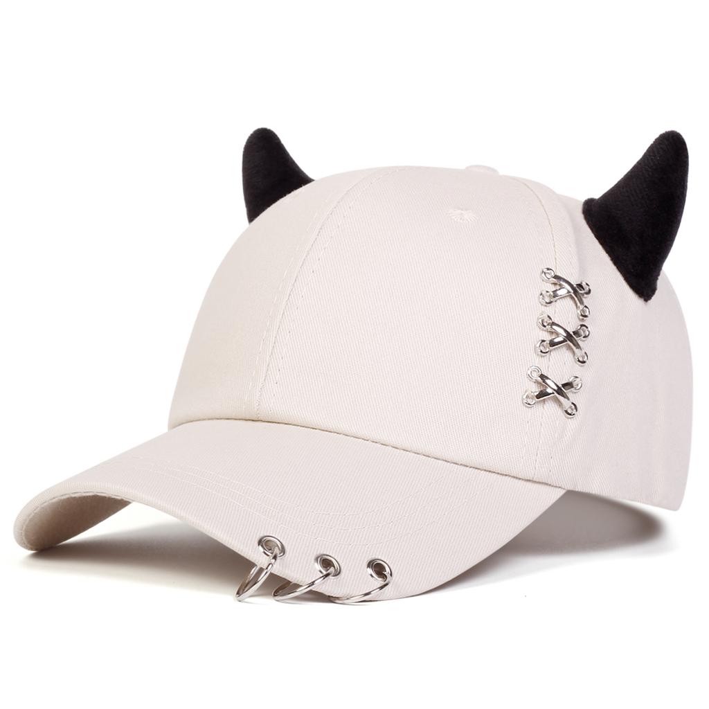 Trendy Unisex Baseball Hat with Iron Ring and Cute Cow Horn Decoration Adjustable Hip Hop Cap for Outdoor Travel