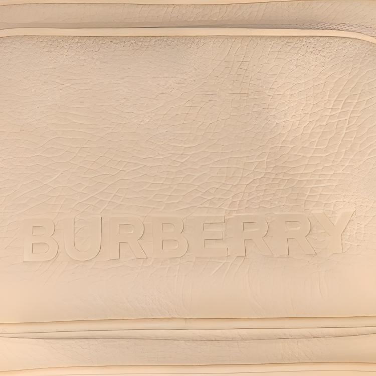 Burberry Cream Pebbled Leather Logo Camera Crossbody Bag With Gold Hardware For Daily Use
