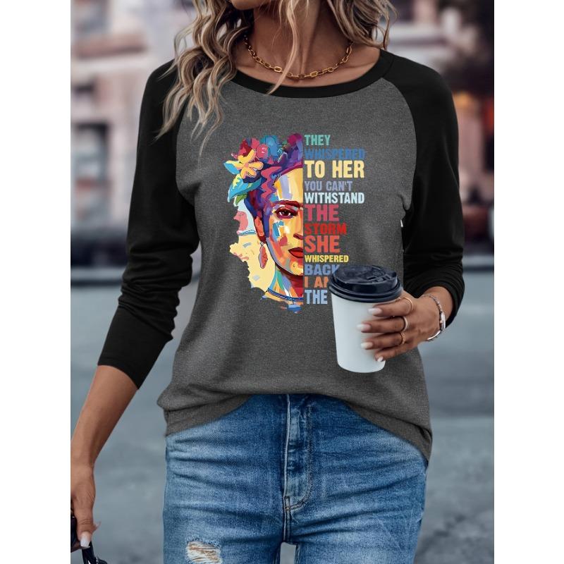 Face portrait graffiti print women's round neck raglan long sleeve T-shirt