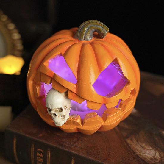 Скульптура тыквы на Хэллоуин со светом Жуткая фигурка тыквы с черепом Полимерное настольное украшение для декора дома и офиса
