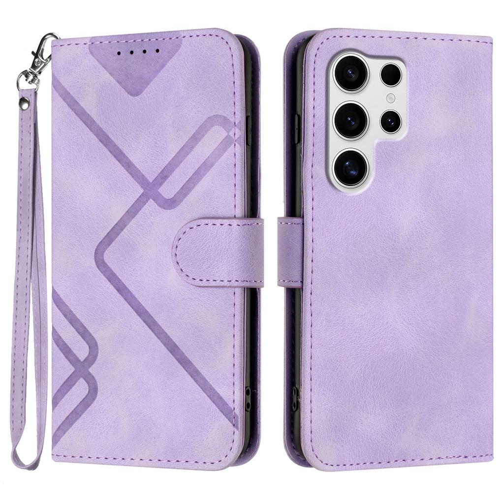 For Samsung Galaxy S25 Ultra Wallet Case Line Imprinted PU Leather Phone Cover with Strap