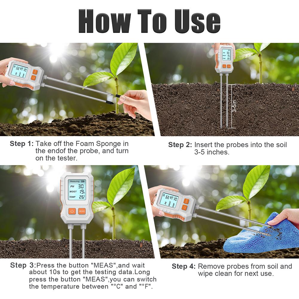 PH/Влажность/Температура 3 в 1 Цифровой ЖК-тестер почвы Подсветка Детектор почвы для растений Сад Газон Ферма Измеритель влажности почвы