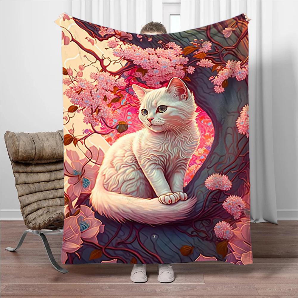 Cats Cherry Blossom Flannel Blanket Children Warm Soft Blanket for Sofa Bed Cover Blanket Suitable for Birthday Souvenir Gifts