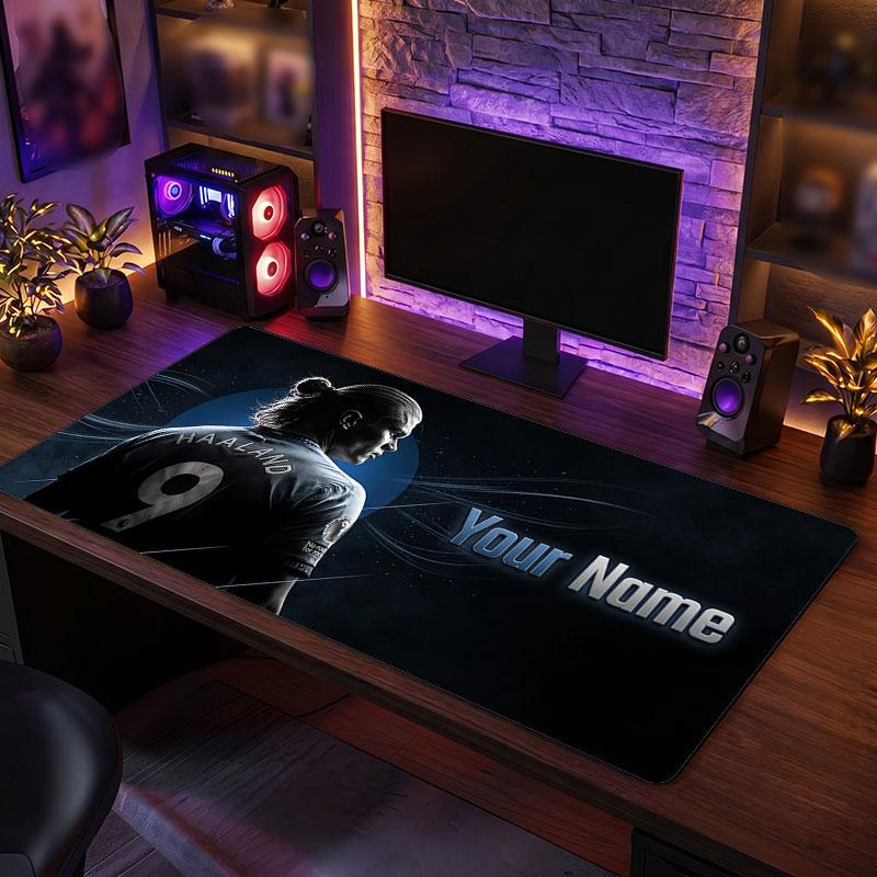 Erling Haaland Custom Large Mouse Pad, Personalized Name Text Print, Football Logo Non‑Slip Desk Mat Gaming Gift