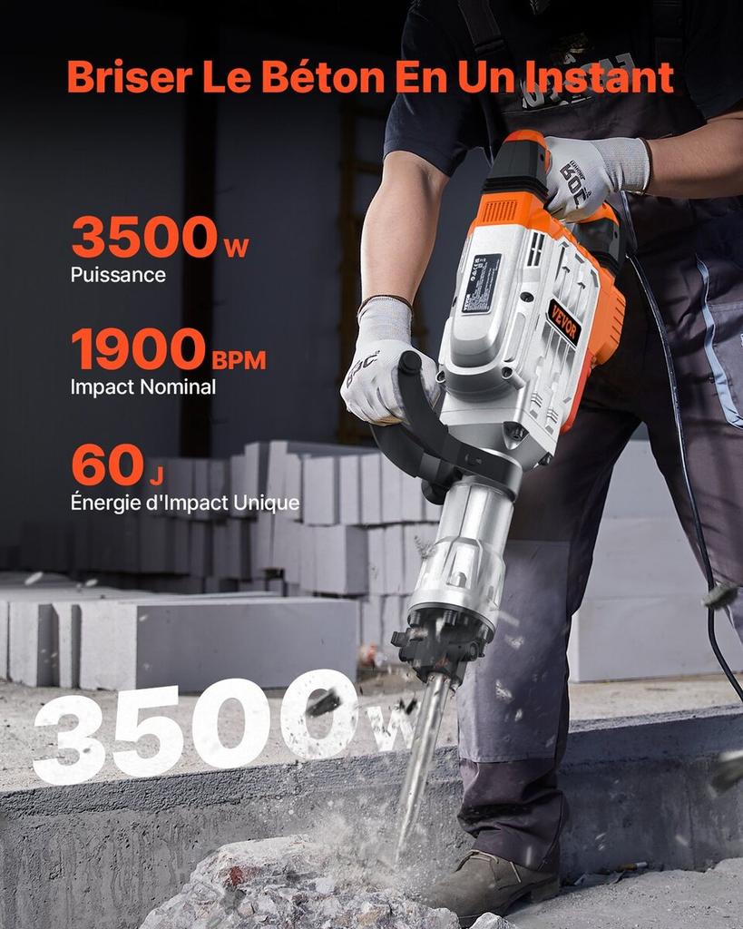 Demolition Jack Hammer Concrete Breaker 3500W Electric Hammer 2 Chisel Bits
