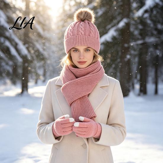 Fashionable Cold Weather Clothing Sets Winter Hat Scarf Gloves Set, Knitted Pom Warm Thermal Cute for Women Gloves, Solid Color Cozy Knit Accessories