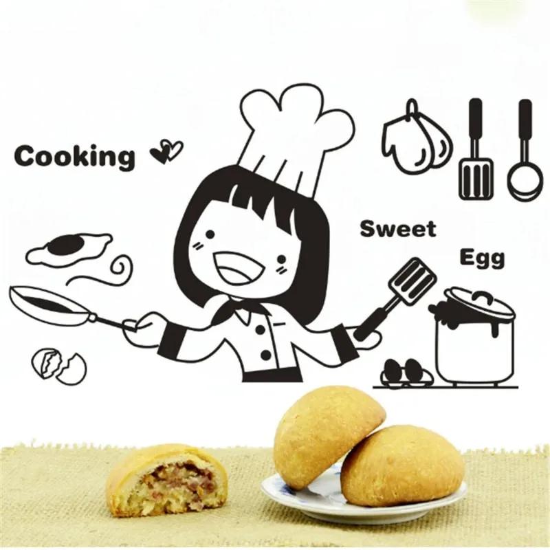 ПВХ Милая Маленькая Кухонная Девочка Наклейка на Стену Картина Кухня Ресторан Самоклеящаяся Декоративная Наклейка на Стену Картина