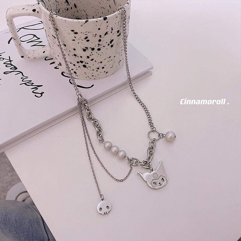Indifferent Wind Japanese Kulomie Pendant Demon Skull Reflective Beads Non-Fading Titanium Steel Necklace Pearl Clavicle Chain