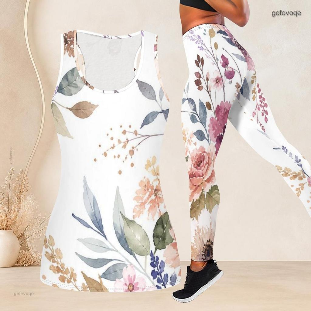 Women Plus Size Two Piece Set White Floral Printed Scoop Neck Sleeveless Tank Top Fitted Pants