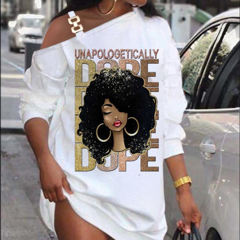 Women's Autumn Printed Metal Buttons Slant Shoulder Neck Button Dresses