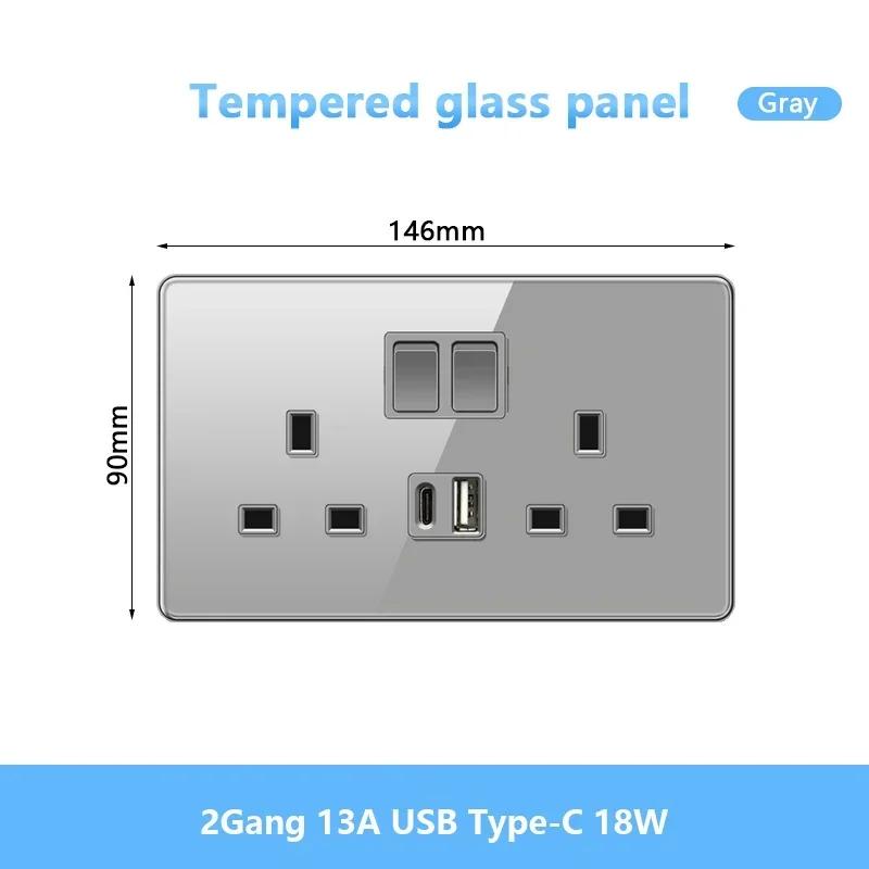 UK 13A Doublel usb электрическая розетка настенный светодиодный выключатель, серое стекло универсальный Type-c 18 Вт интеллектуальная быстрая зарядка розетка питания вилка