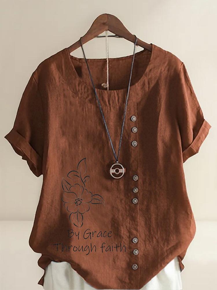Women's Fashion Black Floral Letter Lines Print Round Neck Short Sleeve T-shirt Summer Casual Cotton Linen Graphic Shirt Leisure Loose Blouse Tops
