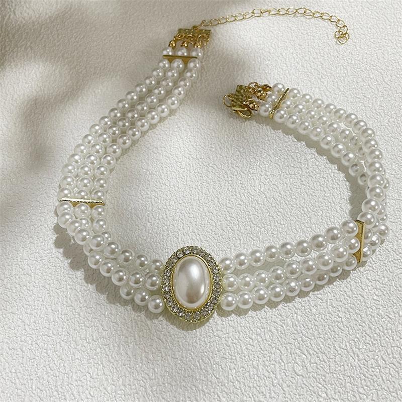 French Retro Small Fragrance Three-Layer Pearl Necklace Flash Diamond Pearl Wedding Dress Clavicle Chain For Women Neck