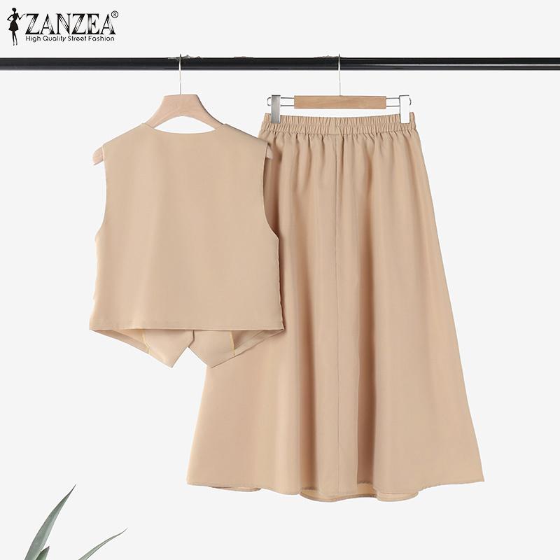 ZANZEA Женские летние комплекты из однотонных маек с V-образным вырезом и юбки А-силуэта