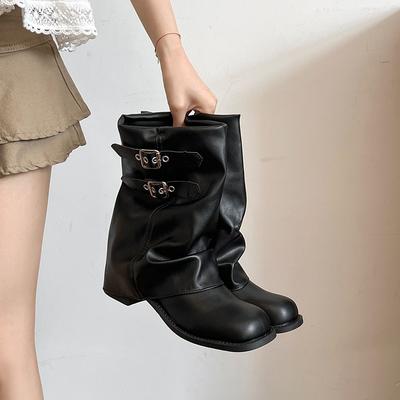 Плиссированные брюки-трубы, женские весенние новые ботильоны на толстом каблуке, черные короткие ботинки с юбкой, ботинки-локомотивы Мартин