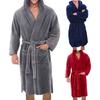 Solid Color Belt Flannel Bath Robe Hooded Pockets Warm Men Nightgown Home Clothes
