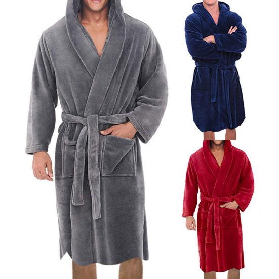 Solid Color Belt Flannel Bath Robe Hooded Pockets Warm Men Nightgown Home Clothes