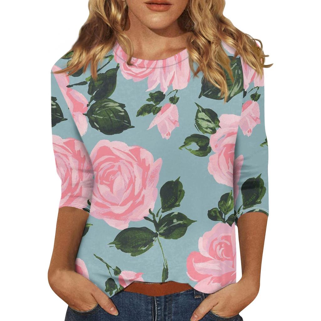 Женская мода повседневная футболка с круглым вырезом и рукавом три четверти с принтом, летняя одежда для женщин, корейская популярная одежда