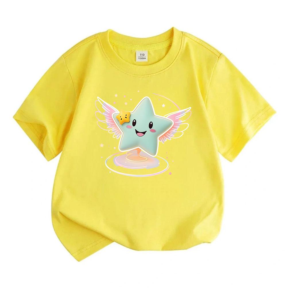 Kids Boys Girls Cute Flying Winged Star Print T-Shirt, 100% Cotton Casual Short Sleeve Crew Neck Tees, Adorable Cartoon Glowing Sparkly Star Pattern S