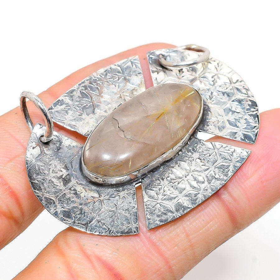 Golden Rutile Handmade 925 Sterling Silver Jewelry Pendant 1.42" M9b78