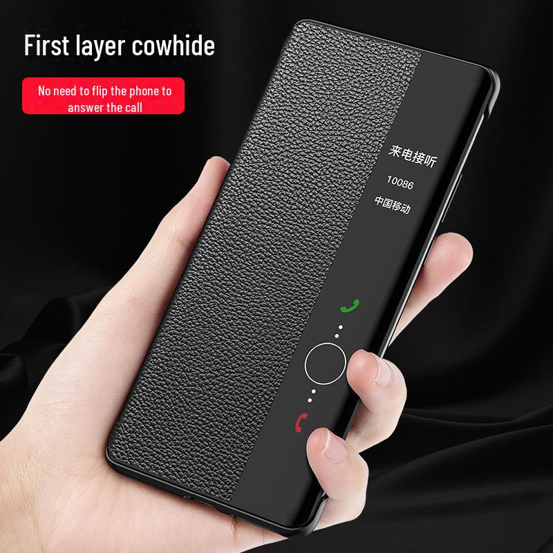 Чехол-книжка из натуральной воловьей кожи первого слоя с сенсорным окном для Huawei P60/P60 Pro