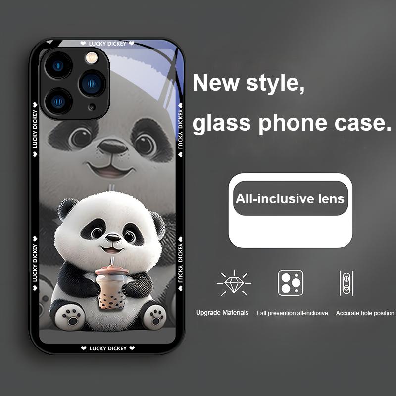 Purple Metallic Paint Tempered Glass Phone Case for Iphone 14 13 12 11 Pro Max X XS XR 7 8 Plus 2020 SE Cute Panda with Milk Tea