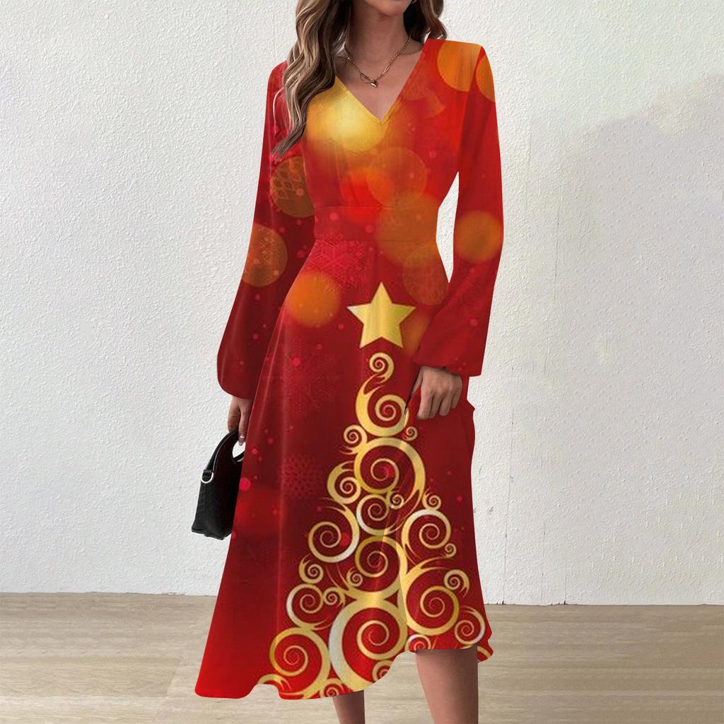 Женское осеннее и зимнее повседневное модное длинное платье с v-образным вырезом и длинным рукавом с принтом рождественской елки