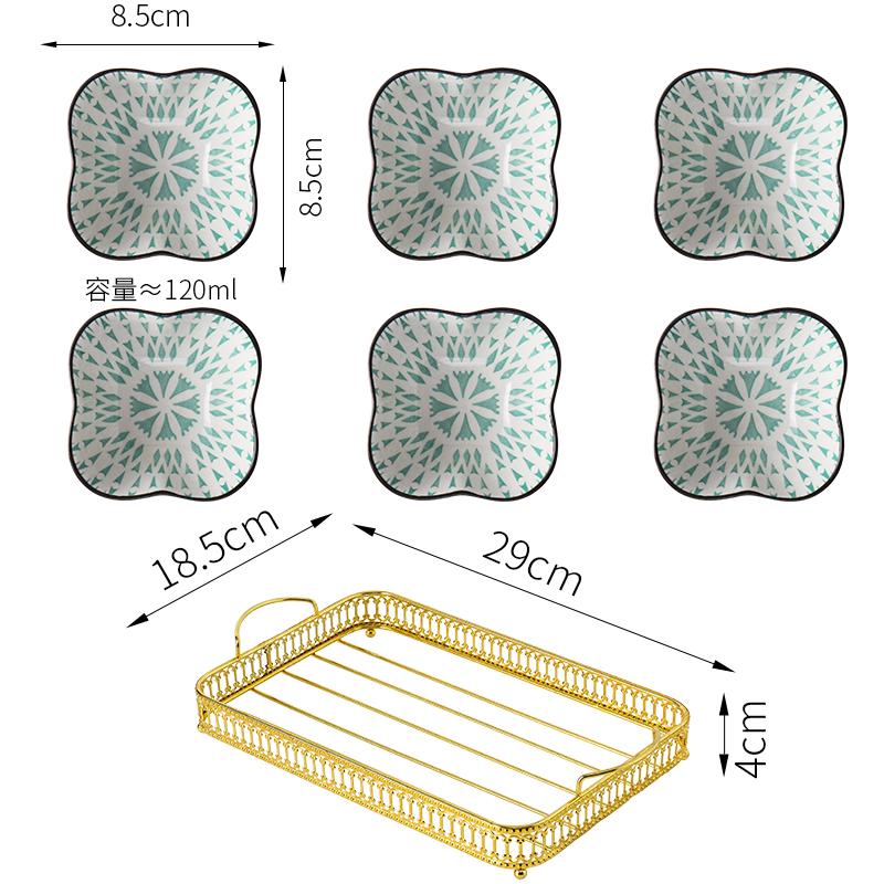 Керамическая тарелка для закусок Чаша для закусок с металлической рамкой Закуски в японском стиле Блюдо для сухофруктов с золотым основанием Тарелка для фруктов Dim Sum