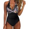 Women Sexy Monokini Halter Sleeveless One-piece Swimsuit Patchwork Color Backless Tummy Control High Waisted Bathing Suit