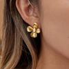  Delicate Shiny Cubic Zirconia Four-petal Flower Stud Earrings 18K Gold Color PVD Plated Stainless Steel Jewelry Gift