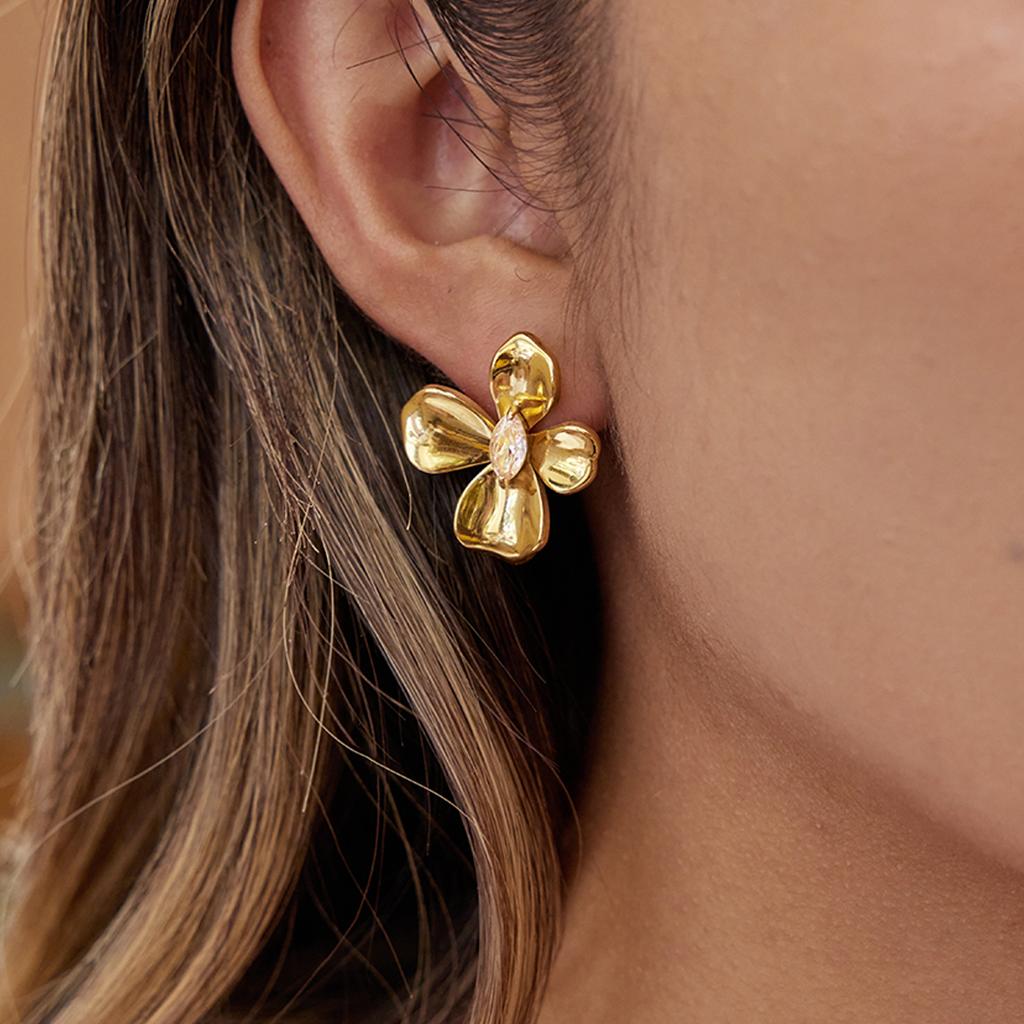Delicate Shiny Cubic Zirconia Four-petal Flower Stud Earrings 18K Gold Color PVD Plated Stainless Steel Jewelry Gift