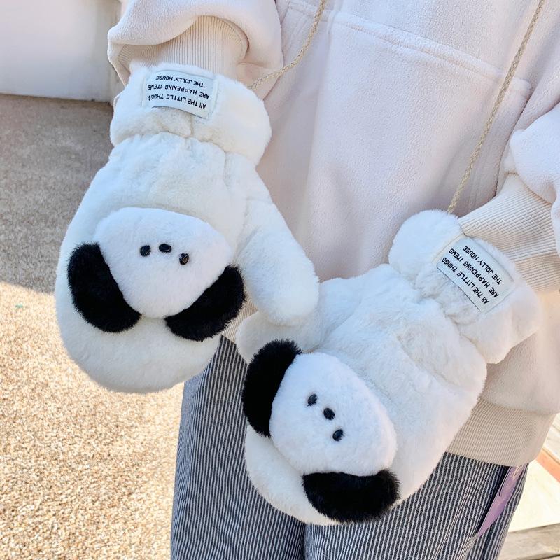 Милые пушистые перчатки-щенки для девочки, зимние перчатки для верховой езды, непродуваемые перчатки, студенческие теплые перчатки, можно носить как хомут, толстый пес