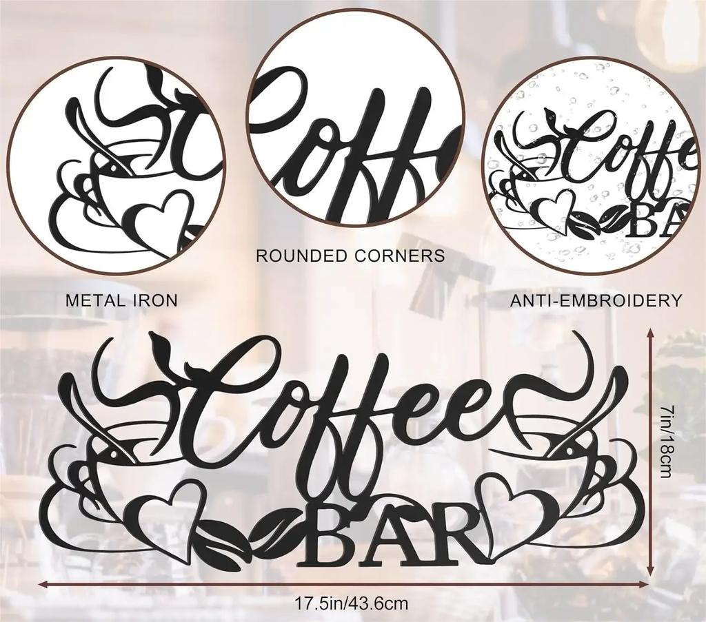 Metal Coffee Bar Sign Decor - Coffee Cup Word Iron Art. Cafe Themed Hanging Wall Sculpture for Kitchen & Restaurant.