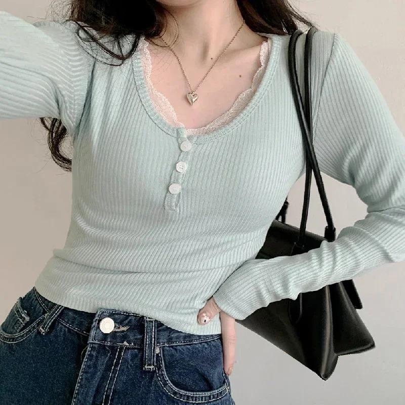 Y2K Lace Trim Patchwork Button Knitted Crop Top Cute Long Sleeve V Neck T-Shirt Korean Chic Harajuku Pullovers Autumn Winter New