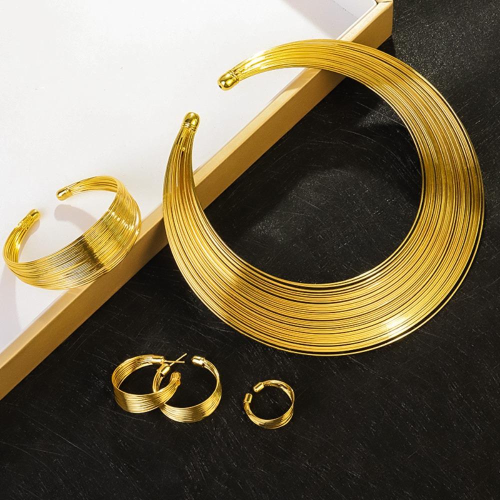 Korean Style Multilayer Metal Wire Jewelry Set Finger Ring Exaggerated Necklace Birthday Gift