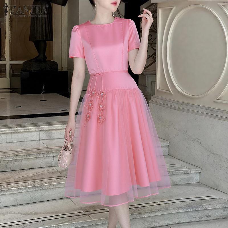 ZANZEA Женское летнее повседневное платье с сетчатой вставкой, круглым вырезом и коротким рукавом для вечеринки