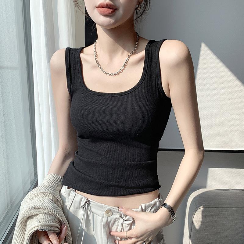 Stylish Elegance Fashion Female Casual Vest H237 Spring and Summer Wide Shoulder Vest Women Big U Neck Bottom Inner Small Vest Women Sleeveless Canvas