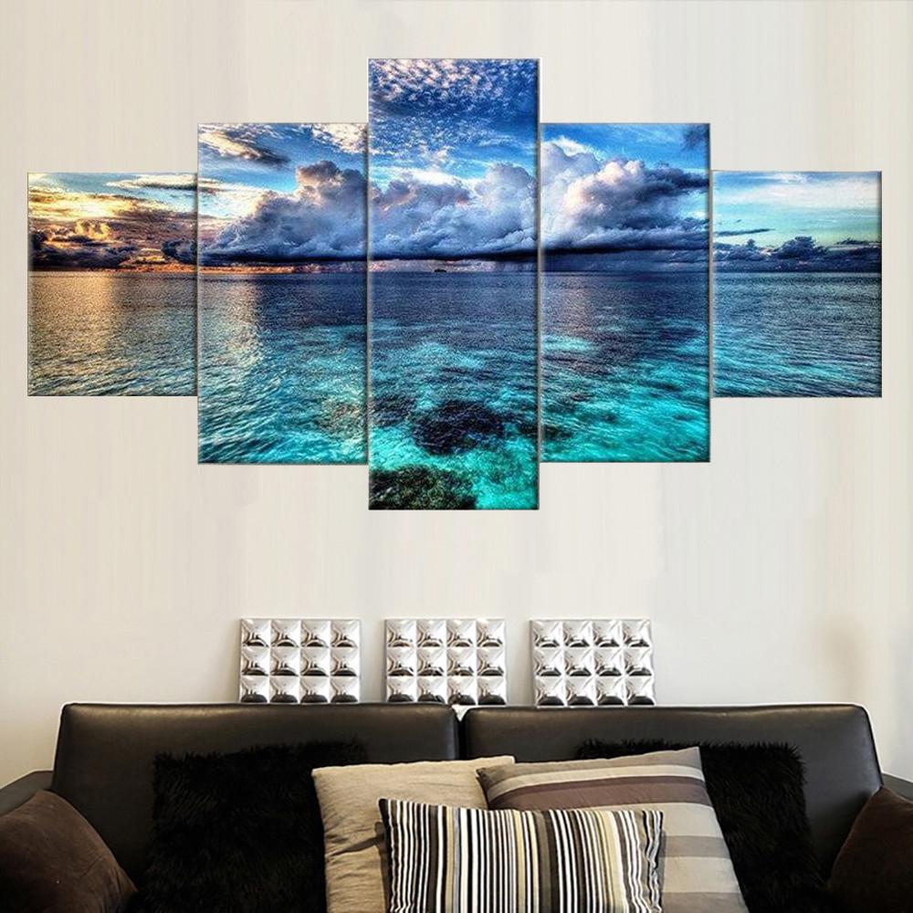 5 Pieces Printed Modular Nuture Picture Canvas Painting Ocean Sea Landscape Poster Wall Art For Living Room Home Decor No Frame