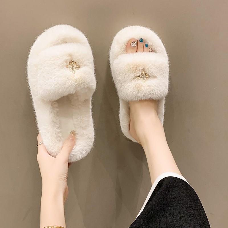 Fashion Platform Flat Plush Slippers for Women 2025 Autumn and Winter New Korean Version Flat Bottom Thermal