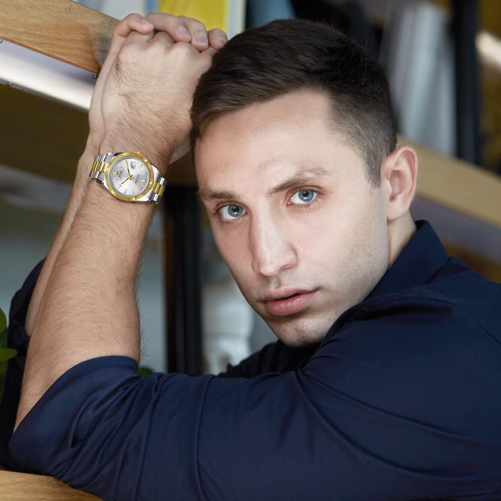 BUREI Watch Luxury Analog Quartz Watch Silver Dial Calendar Display Sapphire Crystal Lens Two Tone Stainless Steel Band Men's