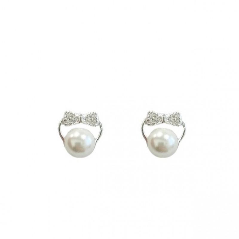Cute Bow Stud Earrings With Imitation Pearl Rhinestone Women Daily Wear Plated Sterling Post