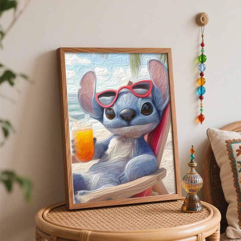 Disney Oil Painting DIY Digital Painting Cute Stitch on Summer Beach with Sunglasses Wall Art for Living Room and Entryway.