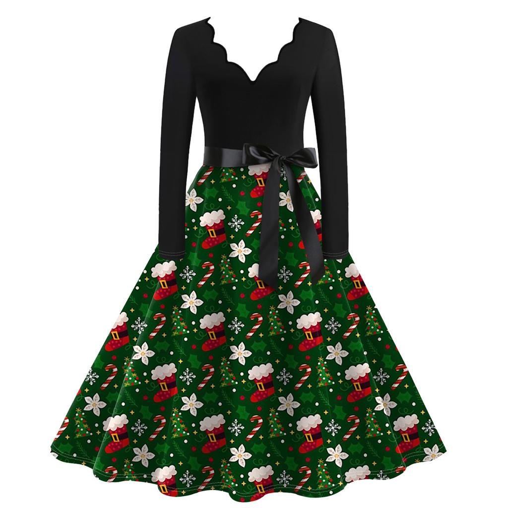 Ladies Casual Fashion V-Neck Long Sleeve Christmas Print Vintage Dress