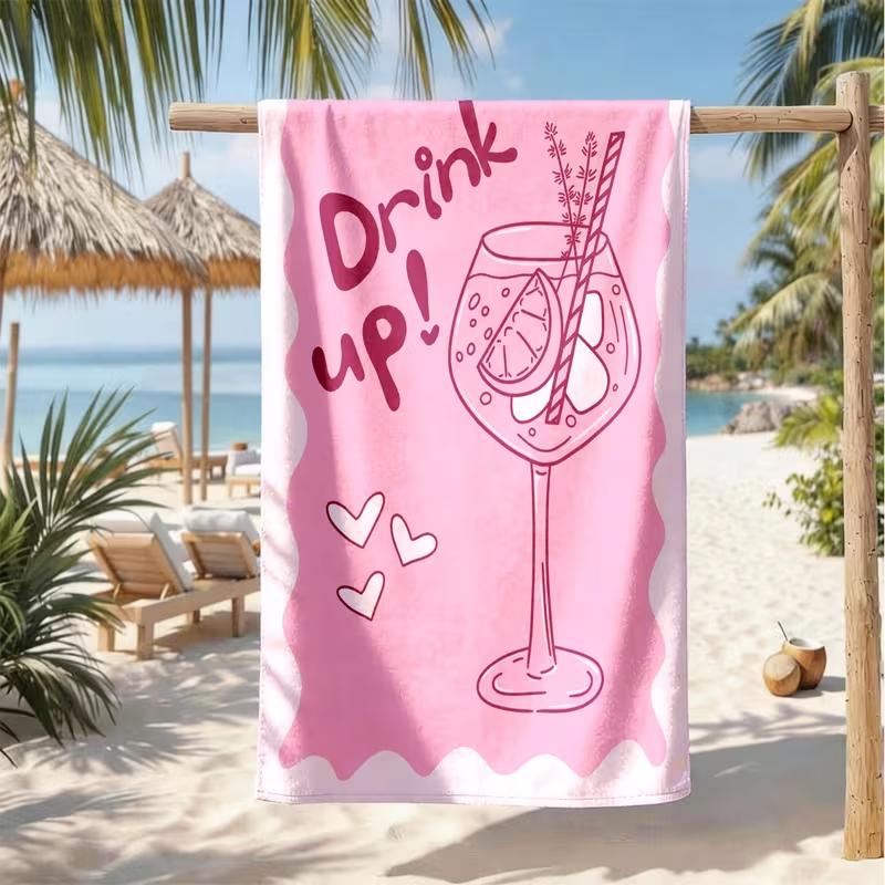 Милый розовый бокал для вина 'Drink Up' с принтом в виде сердечек Пляжное полотенце Мягкое Быстросохнущее Песозащитное Банное полотенце Для лета Пляжа Бассейна Путешествий Отпуска