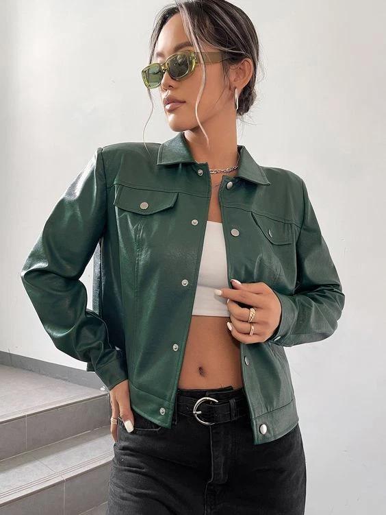 Formal Shirt Green Handmade Lambskin Casual Genuine Women Soft Stylish Leather
