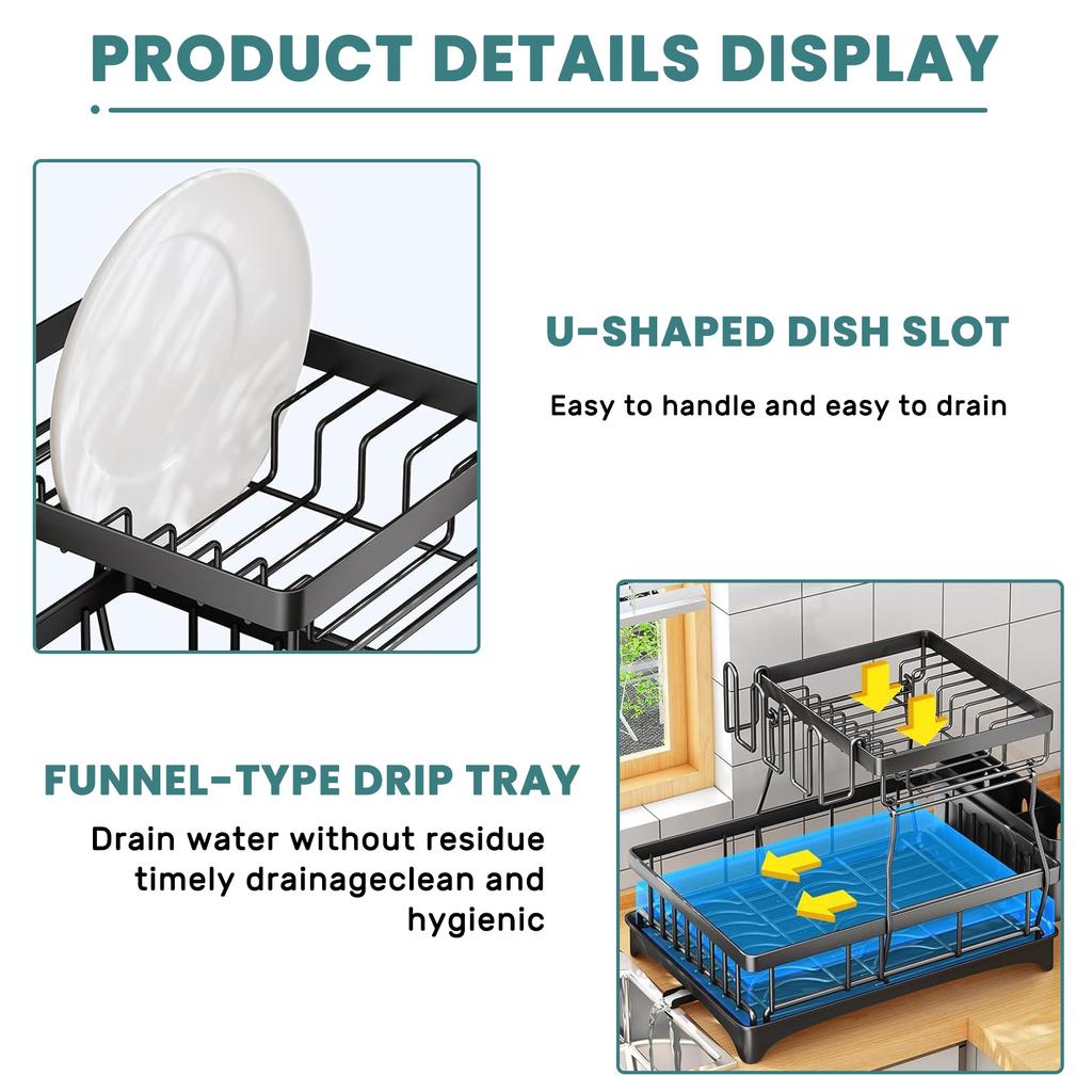 Large 2-tier Dish Drying Rack for Kitchen Countertops, Removable Large-capacity Dish Draining Rack