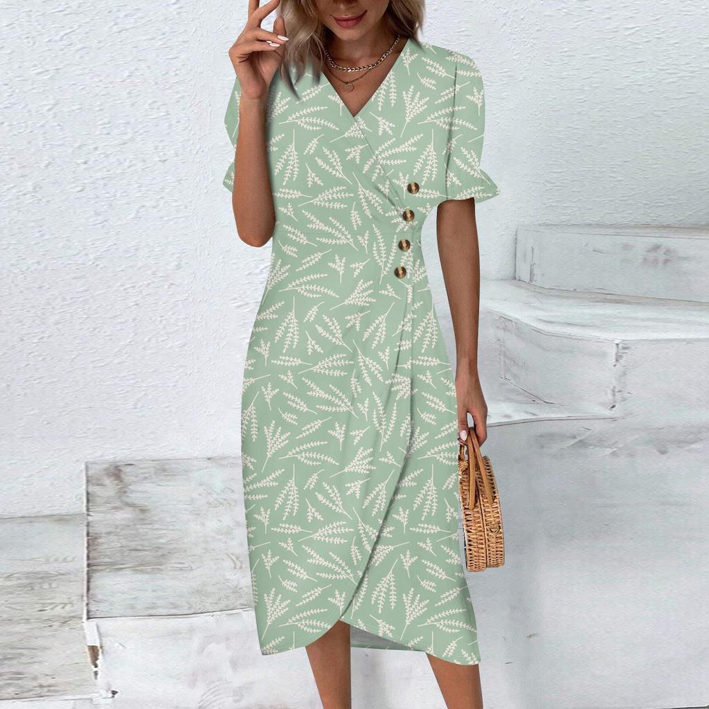 Women's Summer Casual Dress V Neck A-line Boho Ditsy Floral Flounce Sleeve Wrap Hem Dress